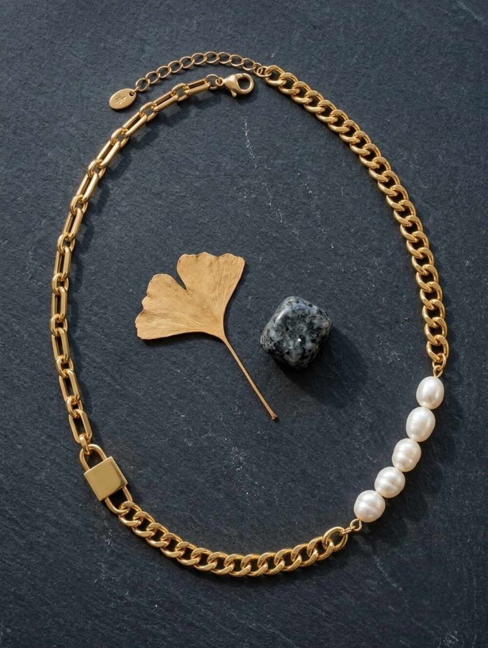 Chunky Gold Chain Necklace Freshwater Pearl Padlock Charm Mob Wife 15.5"+2"